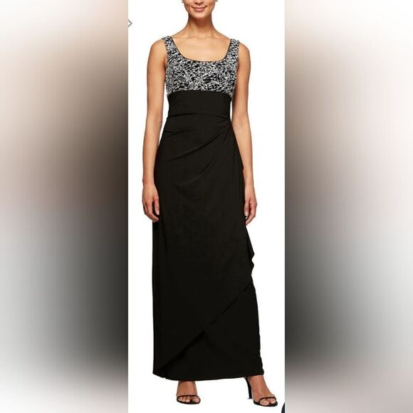 Alex Evenings Empire Waist Ruched Glitter Formal Dress NWOT size 12 Black - Picture 1 of 6